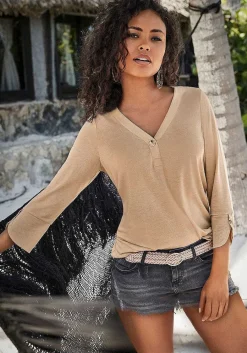LASCANA Long Sleeve Tops-Button V-Neck Top