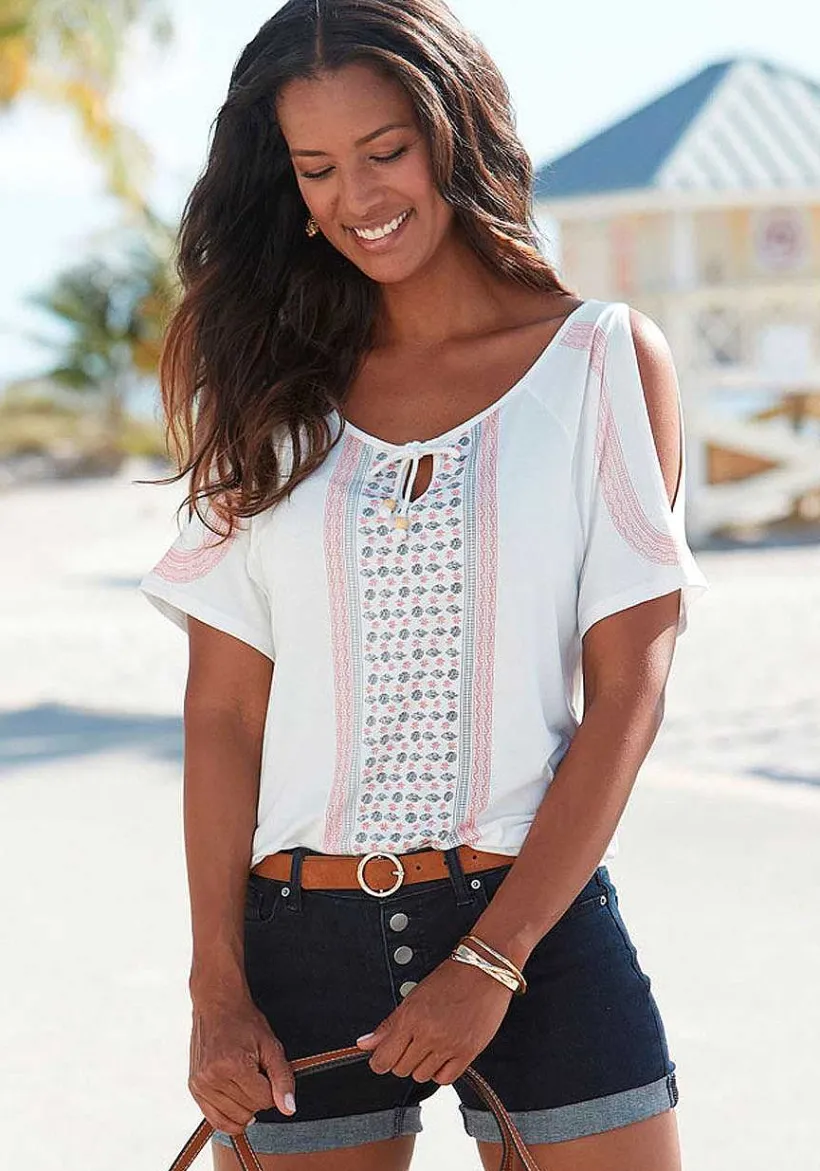 LASCANA Short Sleeve Tops-Cold Shoulder Print Top