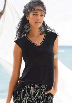 LASCANA Short Sleeve Tops-Cord Detail V-Neck Top