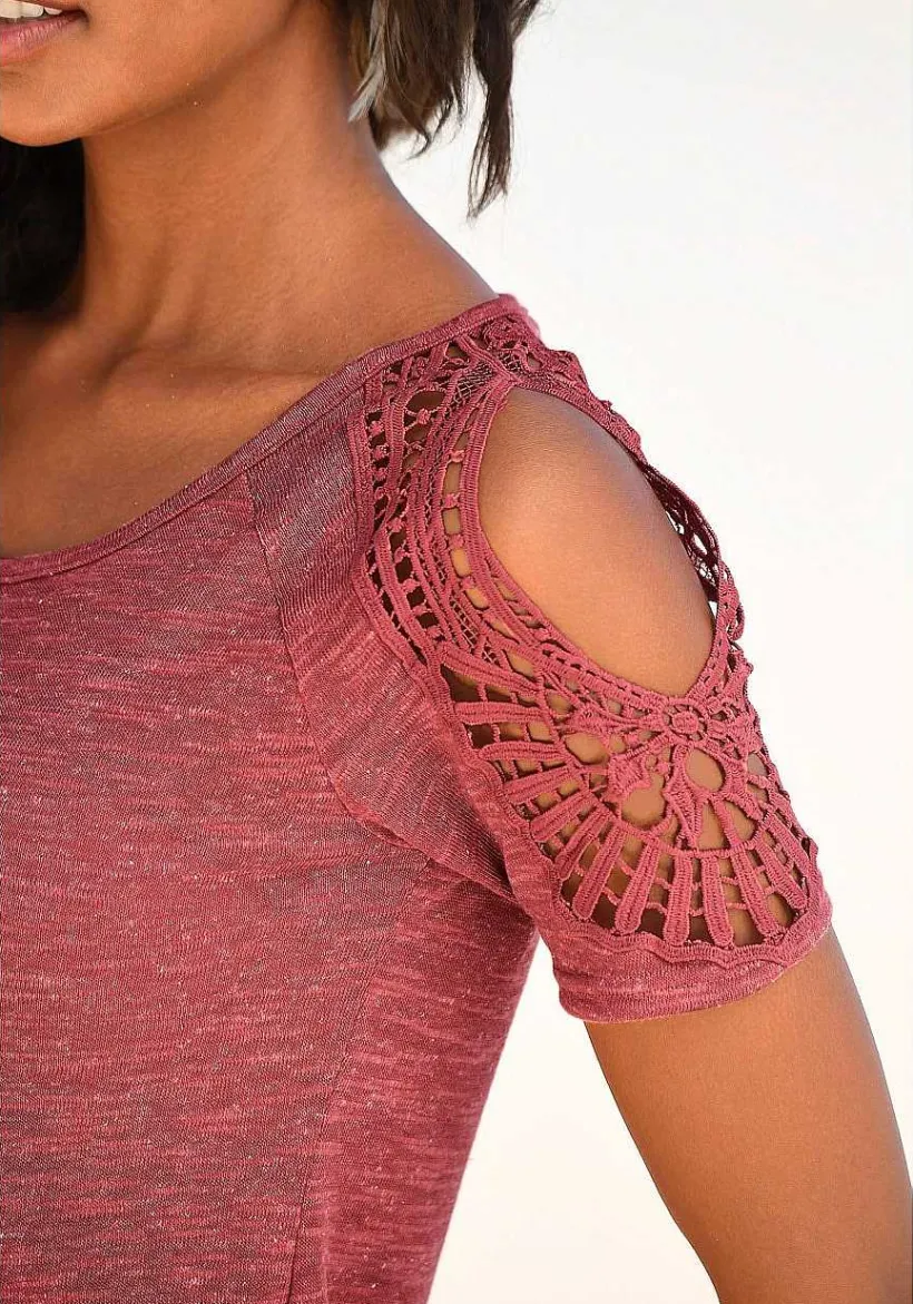 LASCANA Short Sleeve Tops-Crochet Cold Shoulder Top