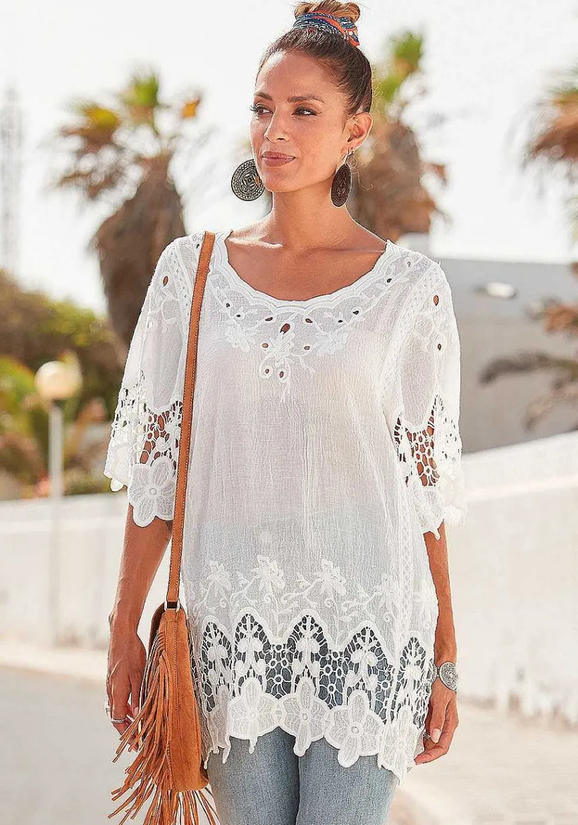LASCANA Short Sleeve Tops-Crochet Detail Tunic