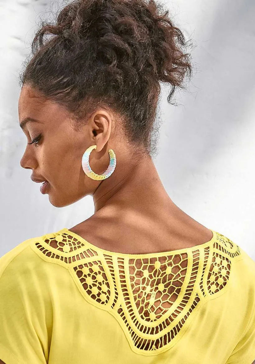 LASCANA Short Sleeve Tops-Crochet Insert Short Sleeve Top