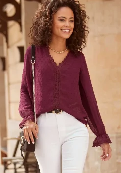 LASCANA Blouses-Crochet Trim Long Sleeve Blouse
