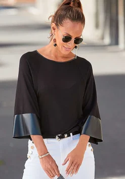 LASCANA Long Sleeve Tops-Dolman Sleeve Leather Trim Top