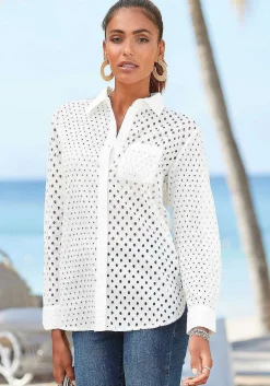 LASCANA Blouses-Eyelet Button Down Blouse