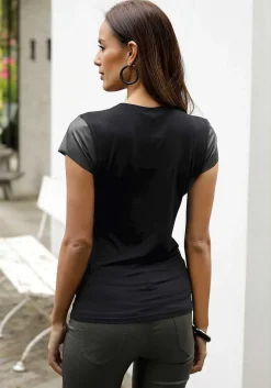 LASCANA Short Sleeve Tops-Faux Leather Cap Sleeve Top
