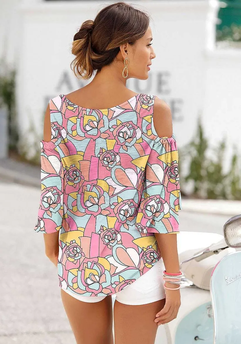 LASCANA Long Sleeve Tops-Floral Cold Shoulder Top