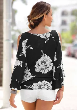 LASCANA Long Sleeve Tops-Floral Cold Shoulder Top