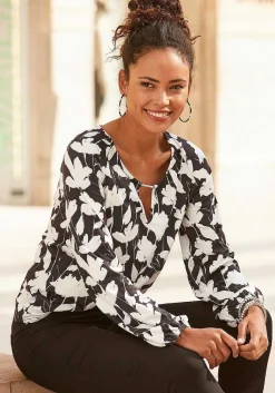 LASCANA Long Sleeve Tops-Floral Keyhole Top