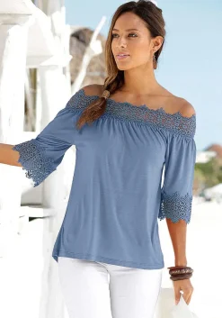 LASCANA Short Sleeve Tops-Lace Accent Carmen Top