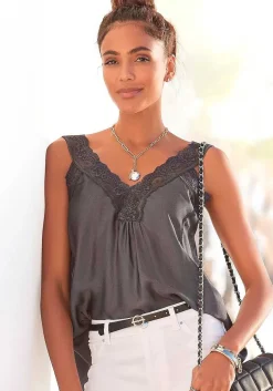 LASCANA Sleeveless Tops-Lace Insert V-Neck Top