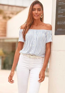 LASCANA Short Sleeve Tops-Off Shoulder Button Top