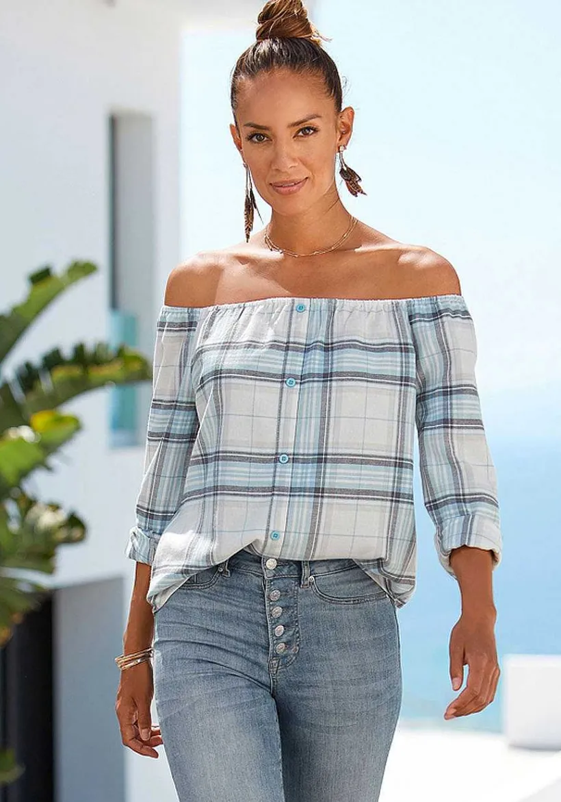LASCANA Blouses-Off Shoulder Plaid Blouse