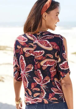 LASCANA Short Sleeve Tops-Paisley Cold Shoulder Top