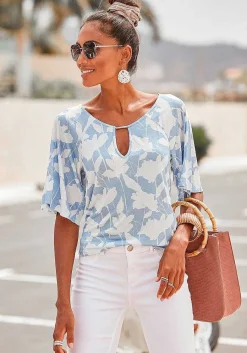 LASCANA Short Sleeve Tops-Printed Keyhole Neckline Top