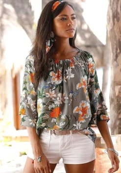 LASCANA Long Sleeve Tops-Printed Off Shoulder Top