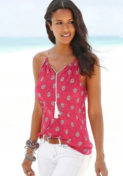 LASCANA Sleeveless Tops-Printed Sleeveless Tassel Top