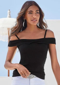 LASCANA Short Sleeve Tops-Ribbed Cold Shoulder Top