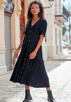 LASCANA Midi Dresses-Short Sleeve Button Down Dress