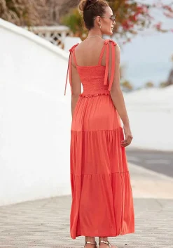 LASCANA Maxi Dresses-Smocked Tie Maxi Dress