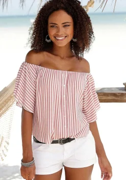 LASCANA Short Sleeve Tops-Striped Off Shoulder Top