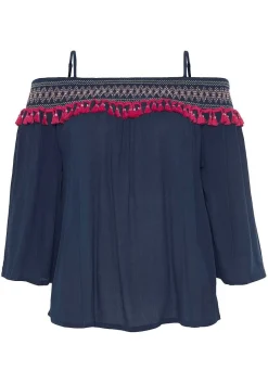 LASCANA Blouses-Tassel Trim Cold Shoulder Blouse