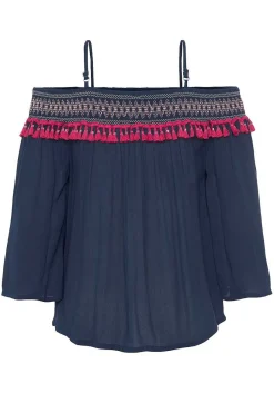 LASCANA Blouses-Tassel Trim Cold Shoulder Blouse