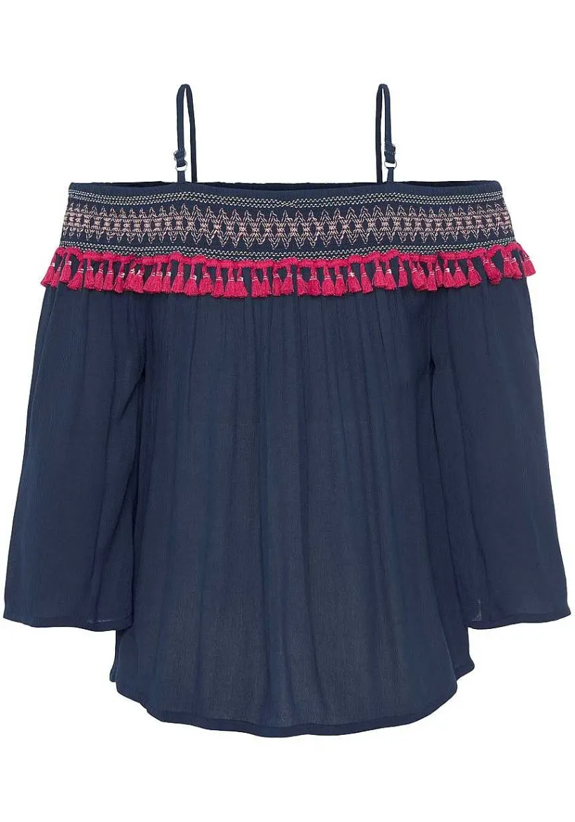 LASCANA Blouses-Tassel Trim Cold Shoulder Blouse