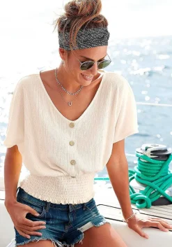 LASCANA Short Sleeve Tops-V-Neck Smocked Top