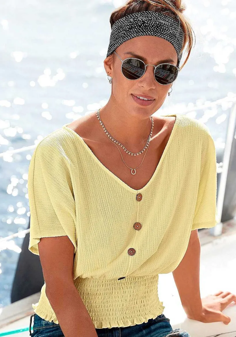 LASCANA Short Sleeve Tops-V-Neck Smocked Top