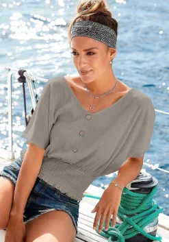 LASCANA Short Sleeve Tops-V-Neck Smocked Top